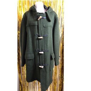 Forest green hooded duffel coat made in England